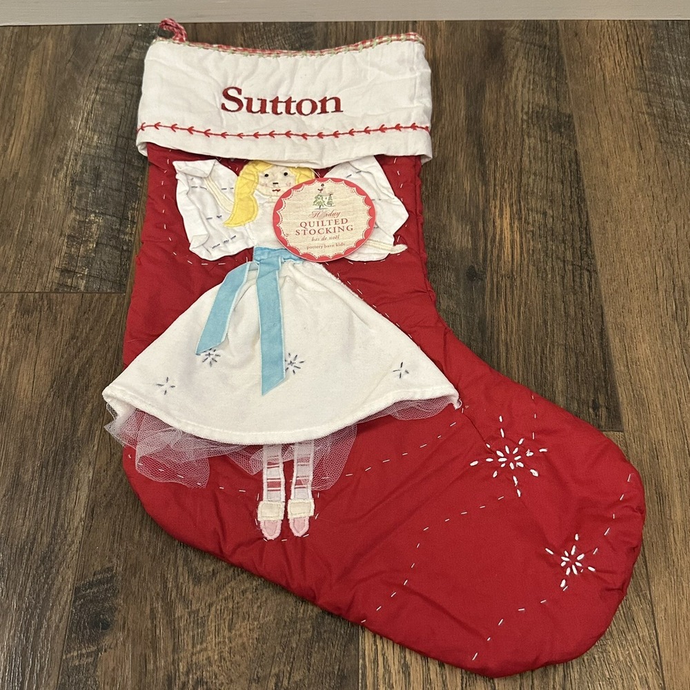 Pottery Barn Kids Blonde Angel Red Quilted Christmas Stocking‎ Mono Sutton NEW